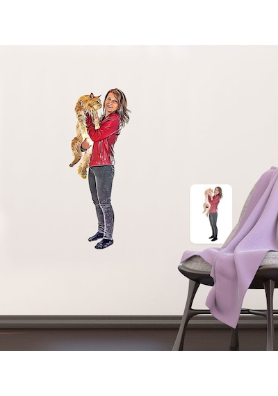 Kişiye Özel Tam Boy Kız Ve Kedi Karikatürlü Duvar Sticker (50X70C