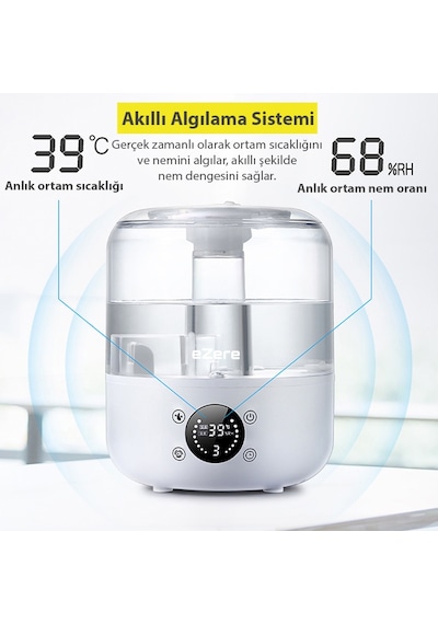 Ezere Th-413 Akıllı Dijital Hava Nemlendirici 3l Kapasite, Dokunmatik Panel, Uzaktan Kumanda, Sessiz Çalışma