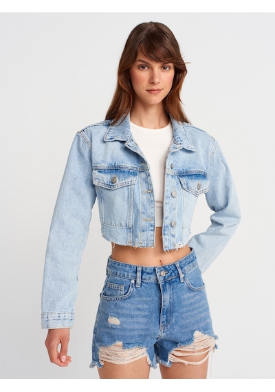 Dilvin 65377 Lazer Detaylı Crop Denim Ceket-mavi Mavi