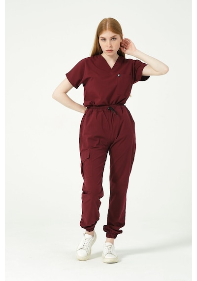 Bordo Likralı Scrubs Kargo Cep Jogger Paça Doktor Hemşire Forması Yarasa Kol Takım Unisex