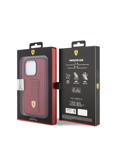 Apple Uyumlu iPhone 14 Pro Kılıf Ferrari Lisanlı Klasik Metal Logolu Delikli Standlı Deri Kapak Kırmızı