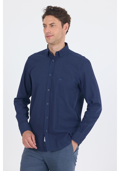 İmza Lacivert Uzun Kol Düz Armür Oval Yaka Casual Comfort Fit Gömlek 1004250249 Lacivert