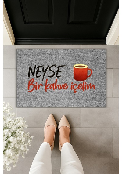 Rugmood Modern Dijital Baskı - Neyse Bir Kahve İçelim - Kapı Önü Paspası Gri