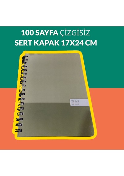 17x24 Cm Çizgisiz 100 Yaprak Plan Sert Kapak Telli Defter 60 Gr Beyaz Sayfa Yeşil