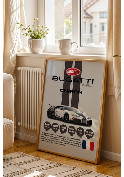 Bugatti Chiron Hiper Araba Tablosu - Teknik Özellikli Otomobil Poster - Çerçeveli Duvar Dekoru Kayın