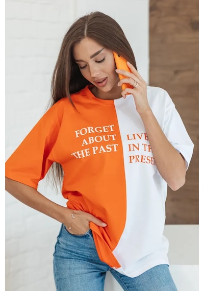 Unisex Forget Live Baskılı Oversize Tshirt Turuncu