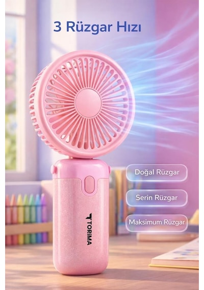 Şarjlı El Vantilatörü Masaüstü Stantlı 3 Kademeli Taşınabilir Mini Fan F57 Pembe