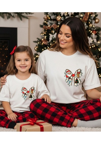 Aselinda Yılbaşı Temalı Fiyonk Baskılı Christmas Tişört-aile Kombin Tişört Kombin Yapmak İçin Ürün Ekleyiniz Beyaz