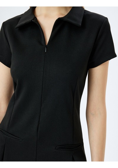Koton Kalın Piliseli Slim Fit Kısa Kollu Fermuarlı Mini Elbise Siyah 5sal80058ık Siyah