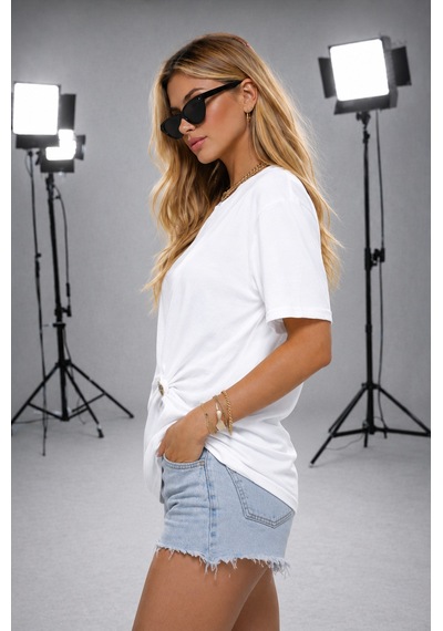 Ribana Kadın Bisiklet Yaka Kısa Kollu Gold Yan Toka Detaylı T-shirt 5035 Beyaz