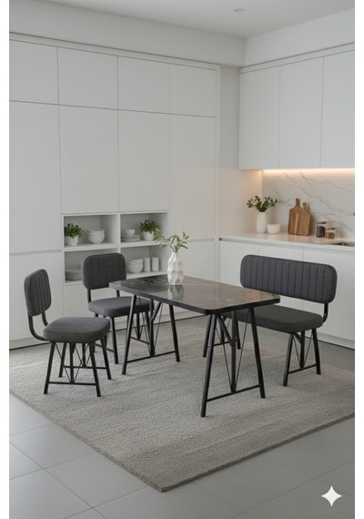 Elfin 70x110 Siyah Sabit, 2 Sandalye 1 Bench, Masa Sandalye Takımı, Mutfak Masası Takımı - Antrasit Elfin 70x110 Siyah Sabit, 2 Sandalye 1 Bench, Masa Sandalye Takımı, Mutfak Masası Takımı - Antrasit