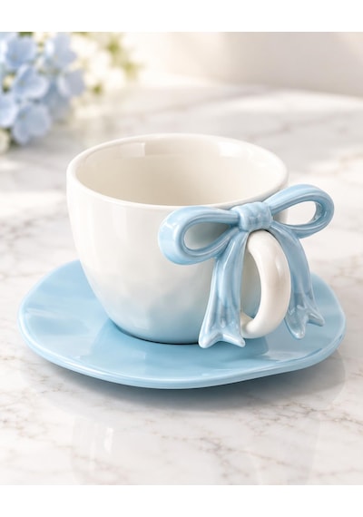 Valkyrie Ribbon Serisi 2 Parça 380 Ml Mavi Fiyonklu Tabaklı Çay Kahve Kupa Fincan Seti