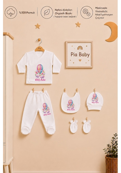 Pia Baby İsme Özel Kız Bebek 5 Parça Zıbın Seti Kişiye Özel %100 Pamuk Organik Baskı 1049zyx Krem