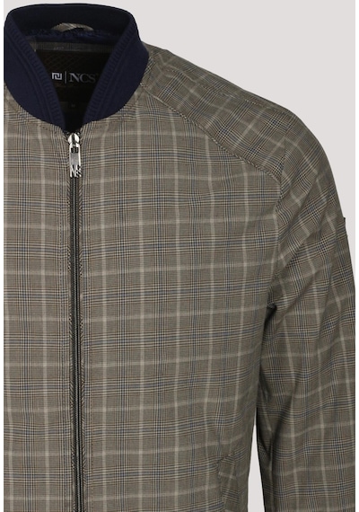 Erkek Camel Bomber Ceket Keten Karışım Slim Fit Ekose Kare Desenli Ribana Ince Astar Ceket Ncs Jeans 4984-Camel