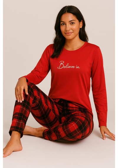 Pemilo Kadın Uzun Kol 20362 Milan Pijama Takımı Kırmızı Kırmızı