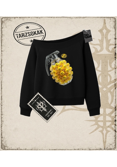 Tarzsokak Gotik & Grunge Streetwear Grenade Kayık Yaka Sweatshirt Siyah