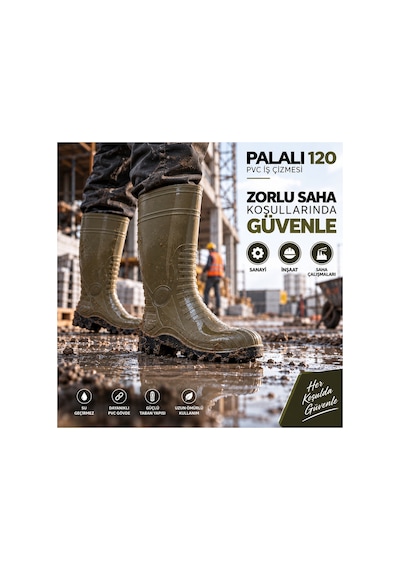 120 Haki Pvc Su Geçirmez İş Çizmesi Kaymaz Tabanlı Tarım Hayvancılık Sanayi Çizmesi Palalı 120
