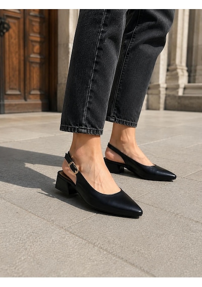 Asmi Shoes Kadın Solvi Siyah Cilt 3 Cm Kısa Topuklu Arkası Açık Ayakkabı