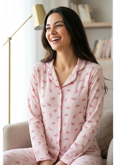 Aura Collections Kadın Pembe Çiçek Desenli Bambu Viskon Uzun Kollu Soft Örme Pijama Takımı