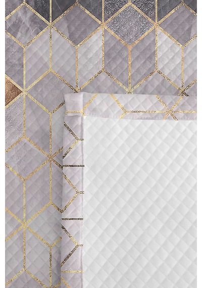 Gri Geometrik Modern Tek Kişilik Pike Takımı - Altın Çizgili Antrasit Beyaz 160x220 Cm Yatak Örtüsü Kırçıllı Yamaç Tonu