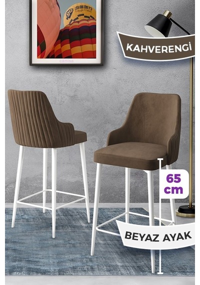 Canisa Tera Serisi 2 Kahve Sandalye 65 Cm Ada Mutfak Bar Sandalyesi Babyface Kumaş Beyaz Metal Ayaklı Sandalyeler Kahve Ayaklar Beyaz