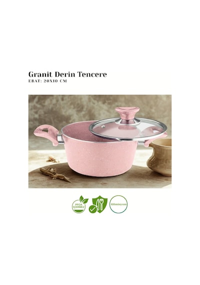 10 Parça Granit Set Cam Kapak - Pembe Pembe