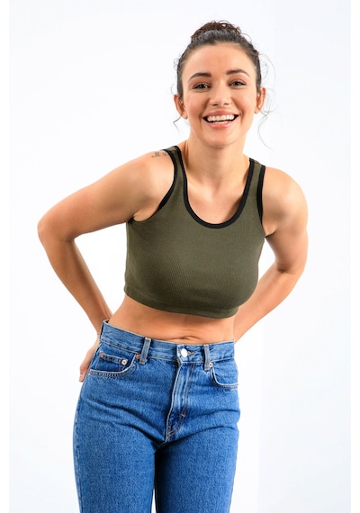 Tommy Life Haki Basic Sıfır Kol Dar Kalıp U Yaka Kadın Crop Top Atlet - 97160 Haki