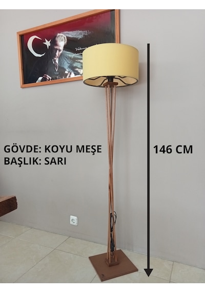 Sarı Kumaş Başlık-ahşap Köşe Aydınlatması- Lambader- Koyu Meşe