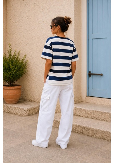 Alexandergardi Çizgili Oversize T-shirt Lacivert - Beyaz