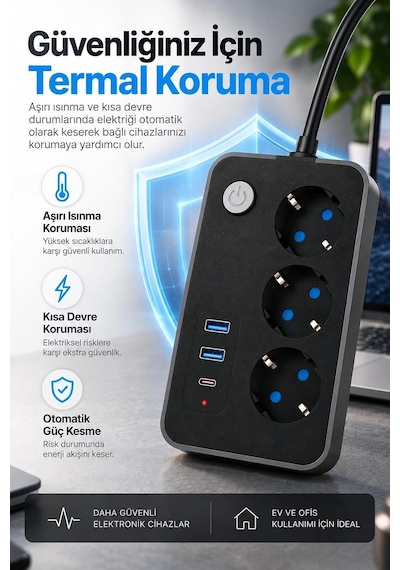 Tr Blic 3'lü Termal Akım Korumalı Uzatma Prizi 2 Metre Kablolu, 2 Usb + 1 Type-c Hızlı Şarj, Çocuk Korumalı, 0