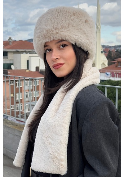 Mollycrush Peluş Rus Tarzı Kalpak Atkı 2'li Set Kadın Kışlık Suni Bej 2'li Takım Bej