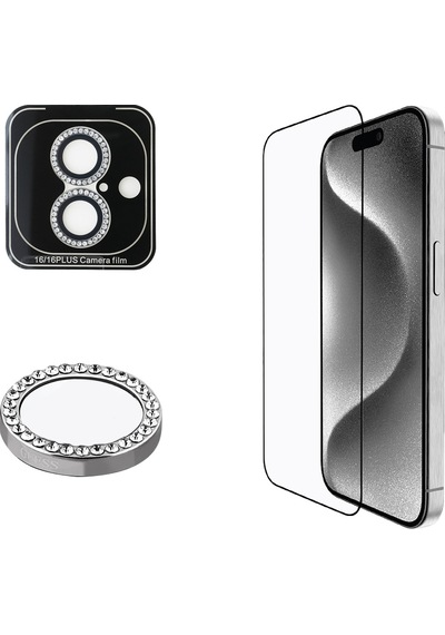 Apple Uyumlu iPhone 16 Plus Guess Lisanslı Ekran Ve Rhinestonetaşlı Lens Koruyucu 2'li Aksesuar Seti Gümüş