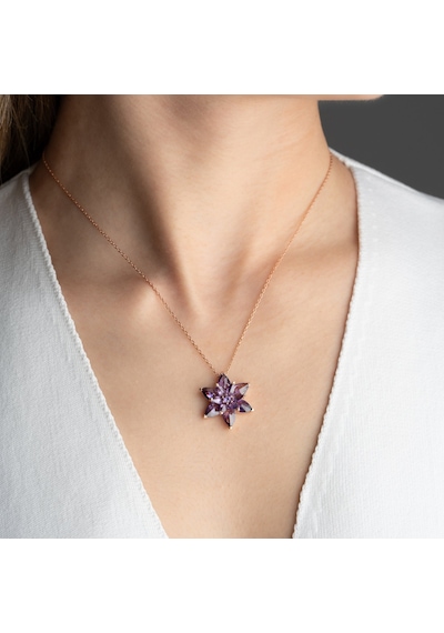 Vaoov 925 Ayar Gümüş Mor Taşlı Katmanlı Lotus Kolye Rose