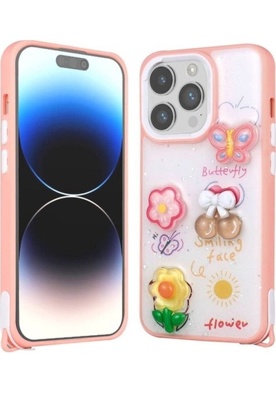 Apple Uyumlu iPhone 14 Pro Max Kılıf Parlayan Simli Kabartma Figürlü Zore Cevze Kapak Pembe