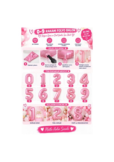 Pembe Rakam Folyo Balon 0-9 76 Cm Doğum Günü Parti Süsü Pembe7