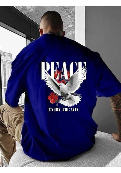 Peace Baskili Oversize Tişört Mavi