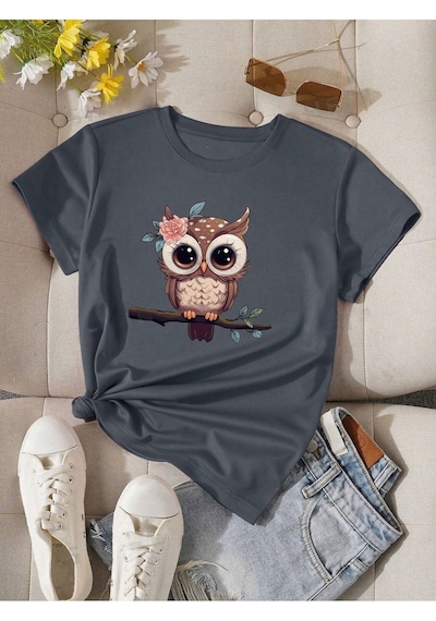 Flood Of Style Kadın Füme Baykuş Baskılı Oversize Gri