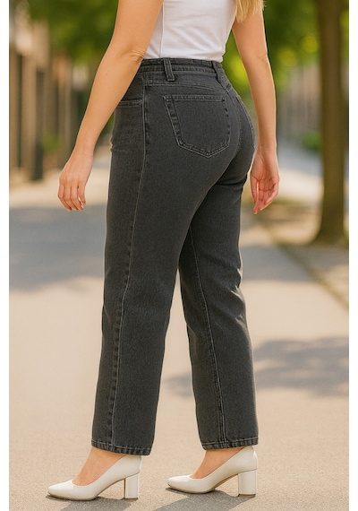 Cedy Denim Cedy Denım - Kadın Büyük Benden Boru Paça Yüksek Bel Regular Fit Likralı Pantolon C626 Gri