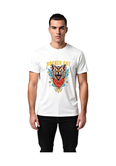 Paybuy Erkek Rocker Kedi Grafik Baskılı Kısa Kollu Tişört %100 Pamuk Müz Beyaz