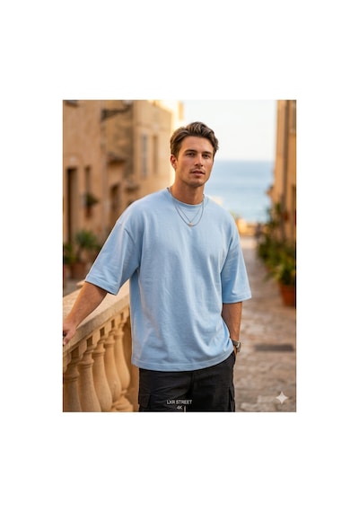 Erkek Oversize Tişört Bisiklet Yaka Basic Bol Kesim Kısa Kollu Günlük T-shirt Mavi