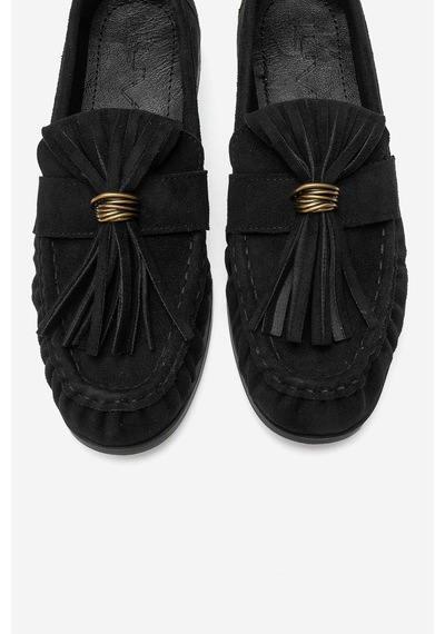 Luvi Shoes Marston Siyah Süet Püsküllü Kadın Loafer Ayakkabı
