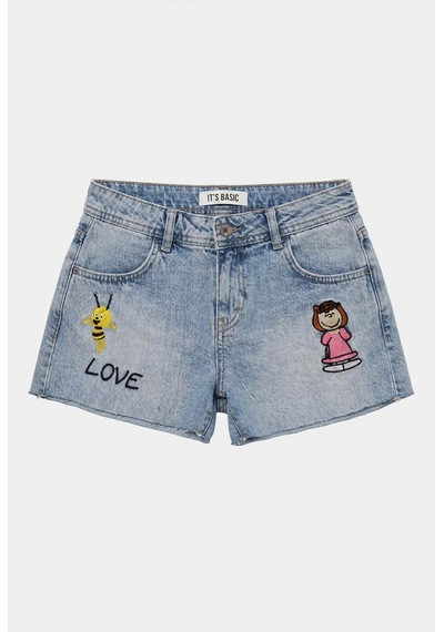 Itsbasic Kadın Mavi 4s6-32 Mini Mom Nakış Desenli Tasarım Denim Şort