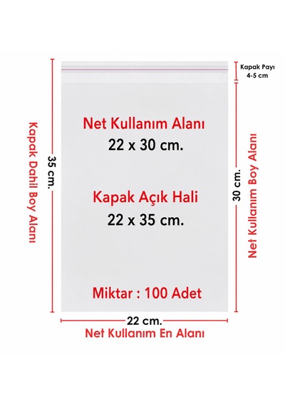22x30+5 Cm. 22x35 100 Adet Şeffaf Bantlı Yapışkanlı Jelatin Poşet