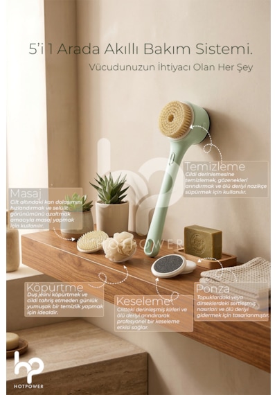 5 Başlıklı Elektrikli Duş Vücut Fırçası Hızlı Şarjlı Body Scrubber Masaj Bakım Cihazı