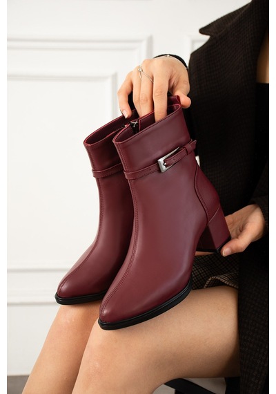 Dabab Shoes Astraya Kadın Bordo Tokalı Topuklu Kısa Konç Şık Kışlık Bot Bootie