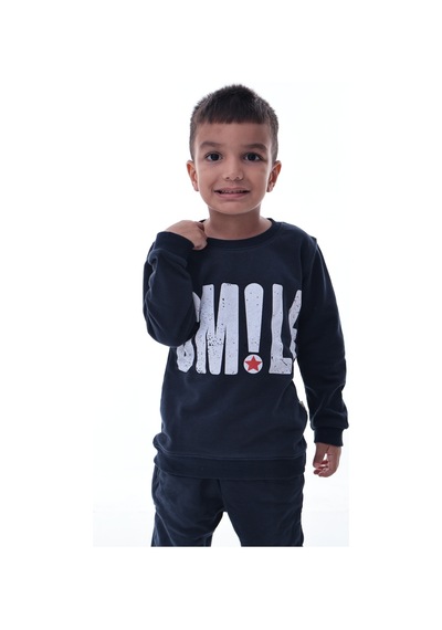 Erkek Çocuk Eşofman Takımı Smile Baskılı Rahat Spor Üst Alt Takım Günlük Kombin Siyah