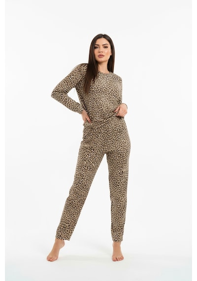 Bisiklet Yaka Süet Pijama Takımı 6006 Leopar Kahverengi
