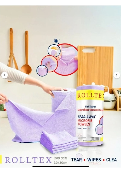 Rolltex Yırt Kopar %100 Mikrofiber Temizlik Bezi 30x30cm 20'li Mor Renk Gri
