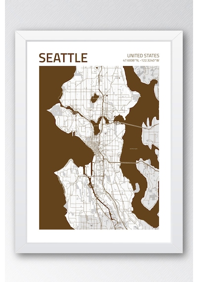 Seattle Abd Haritası Çerçeveli Tablo Lüks Salon Ofis Duvar Dekorasyonu Hediyelik Tablo Beyaz