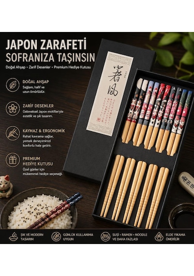 Valkyrie 5 Çift Japon Tarzı Ahşap Yemek Çubuğu Seti Kaymaz Uçlu Kedi Desenli Kutulu Chopstik Seti